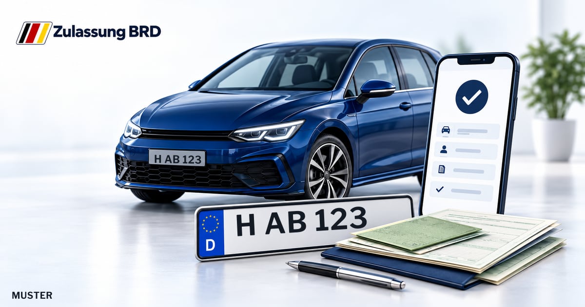 Online Fahrzeugzulassung in Sehnde: Musterkennzeichen H AB 123, Auto und Fahrzeugpapiere und Smartphone. Illustration mit Logo von Zulassung BRD.